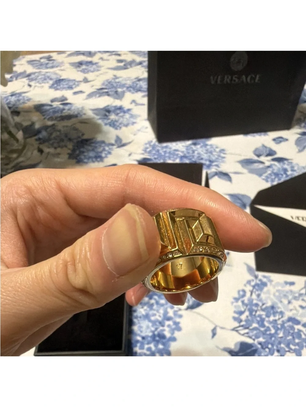VERSACE Gold Tone Clear Crystal Geometric Band Ring w/box